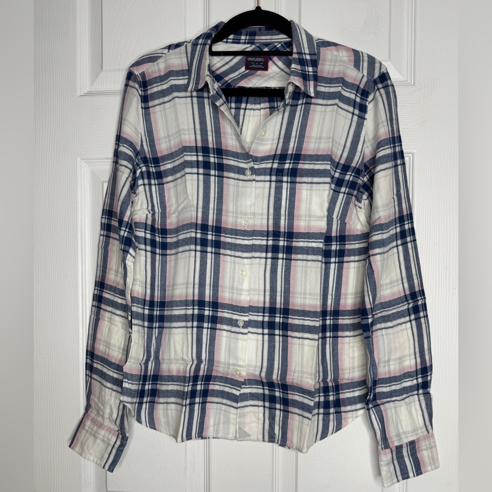 UNTUCKIT NWT Woman’s De Toren Button Down Cotton TENCEL Pink Blue Grey‎ Size 2
